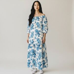 SAIPH LAB medium Blue Floral Off-Shoulder Dress Italian linen maxi